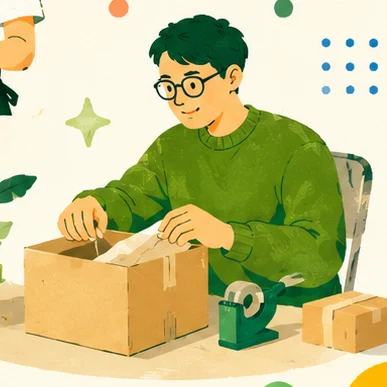 箱を組み立て、梱包する人のイラスト
